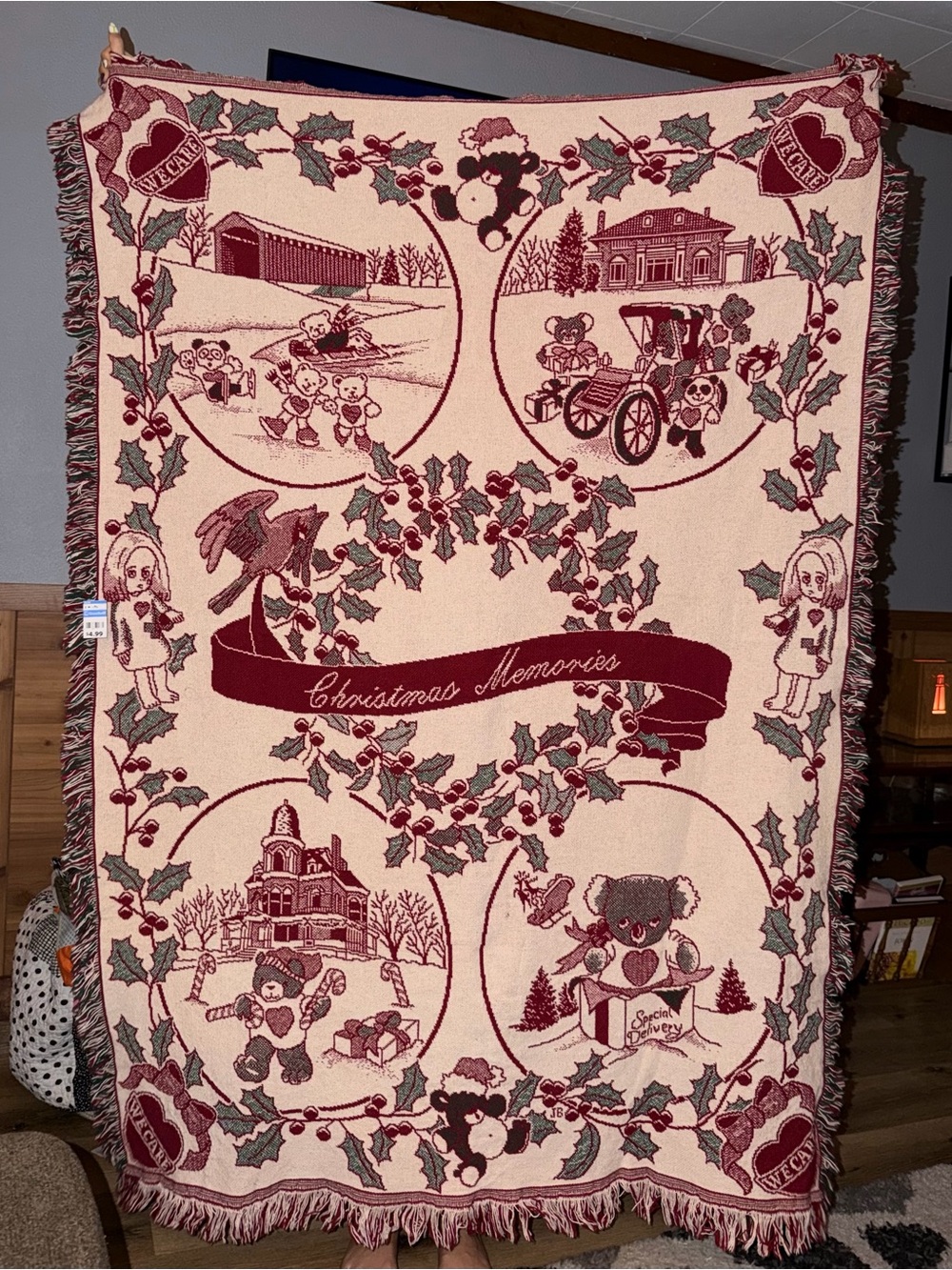Christmas Memories Holiday Throw Blanket - Burgundy and Cream